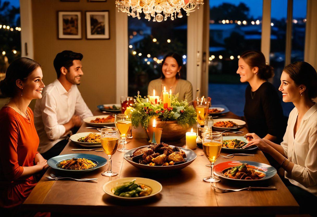 A beautifully arranged dining table with an elegant feast showcasing diverse cuisines, surrounded by people sharing laughter and stories. Soft candlelight flickers, creating an intimate and inviting atmosphere, while colorful dishes symbolize the connection between food and relationships. Romantic, cozy, and heartwarming scene. super-realistic. warm colors. soft focus.