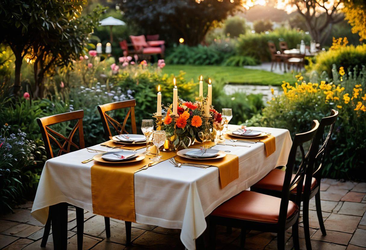 A picturesque dining table for two, adorned with elegant tableware and flickering candles, surrounded by a lush garden filled with fragrant herbs and blooming flowers. In the background, a sunset casts warm golden hues, setting a romantic ambiance. Plates filled with beautifully arranged gourmet dishes symbolize flavors of intimacy. The scene evokes a sense of connection and devotion through culinary artistry. super-realistic. vibrant colors. soft focus.