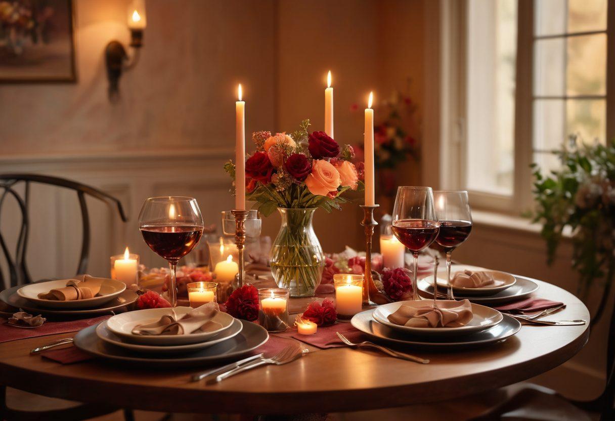 A beautifully arranged dining table for two, adorned with romantic candles and soft flowers, set against a warm, ambient background. Plates filled with gourmet dishes showcasing rich colors and textures, alongside glasses of red wine. The scene exudes a cozy and intimate atmosphere that highlights both culinary delights and affection. Soft focus effect to enhance warmth and romance. super-realistic. warm tones. soft focus.